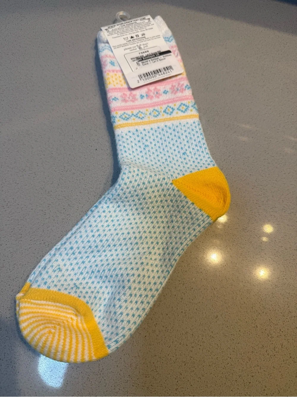 Weekend Collection Women’s Light Blue Fair Isle Crew Socks with Yellow Accents